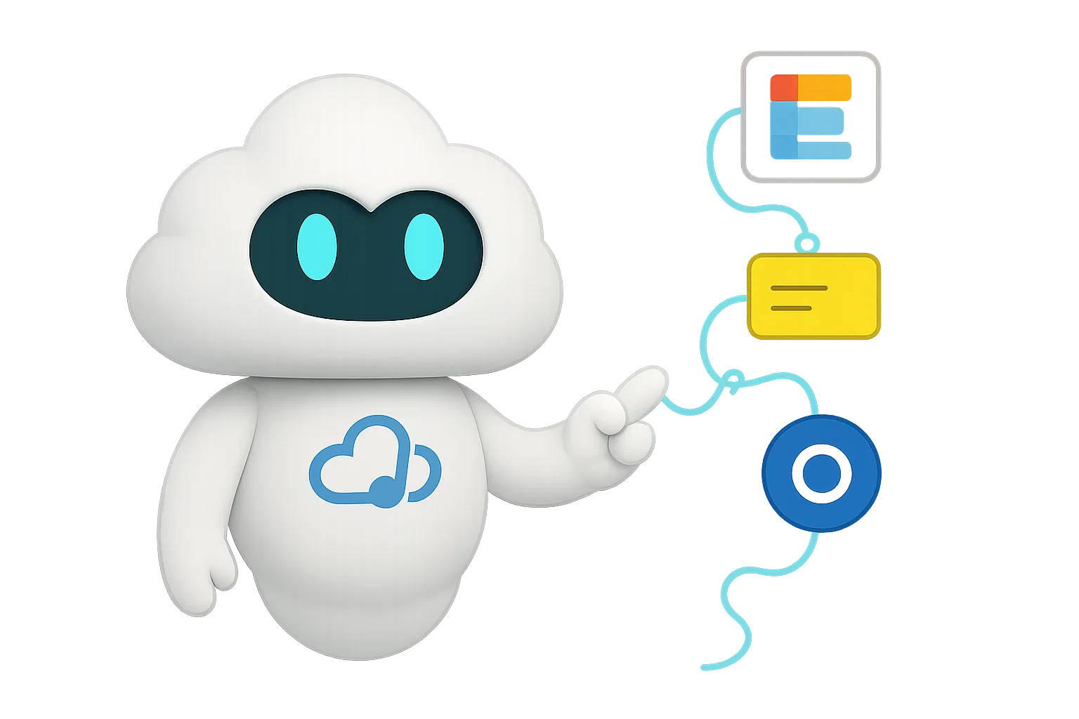 Nuby, the brand ambassador of Nubedy, pointing in both directions to represent intelligent automation.
