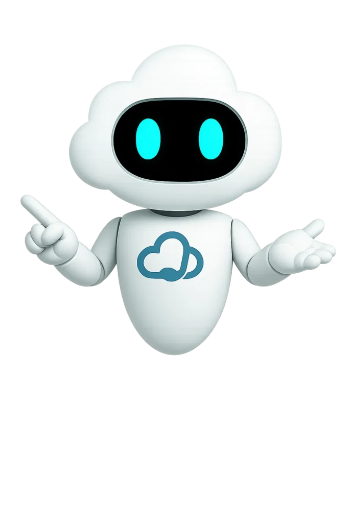 Nuby, the brand ambassador of Nubedy, pointing in both directions to represent intelligent automation.